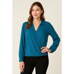 Pleione M Blue Faux Wrap Blouse Satin Look Minimalist Office Casual Top